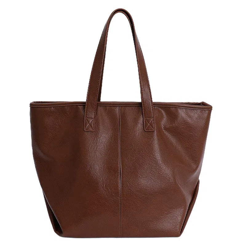 Large-capacity soft PU leather tote bag with double shoulder straps and stitched seams in black, silver, light brown, white, coffee colour, dark brown