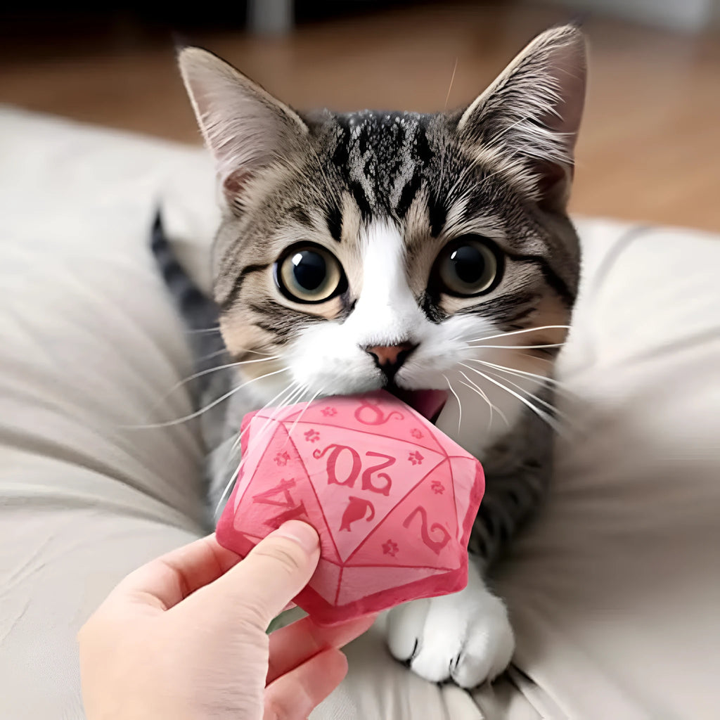 Dice-shaped catnip toy in four colour options for DND gaming cat play