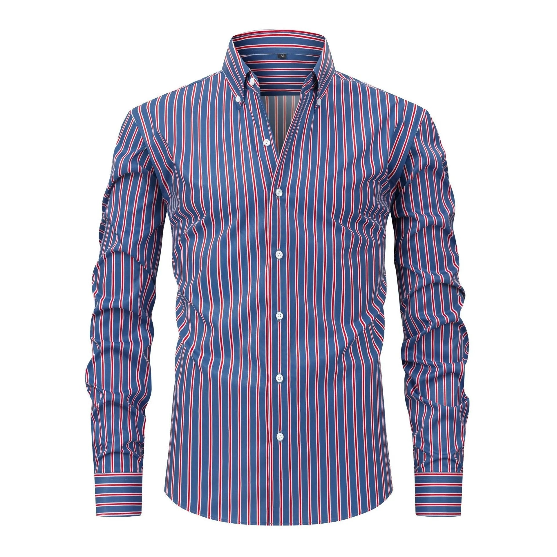 Men's striped long sleeve business shirt in polyester blend fabric with slim fit cardigan styling