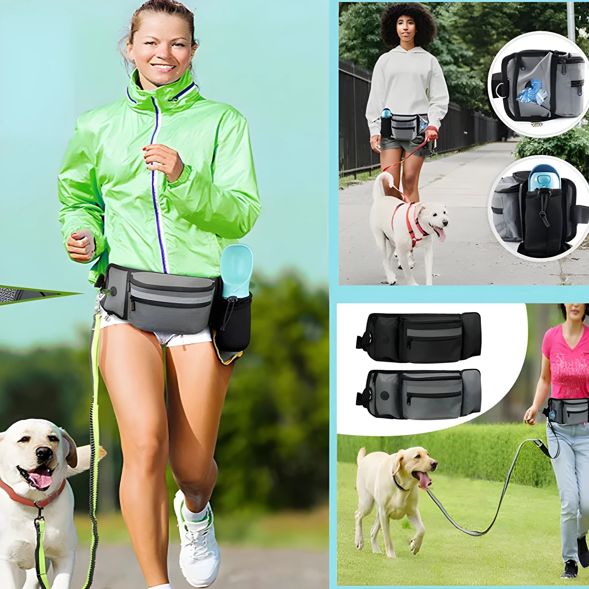 Multifunctional polyester fanny pack in black with adjustable strap for running and dog training
