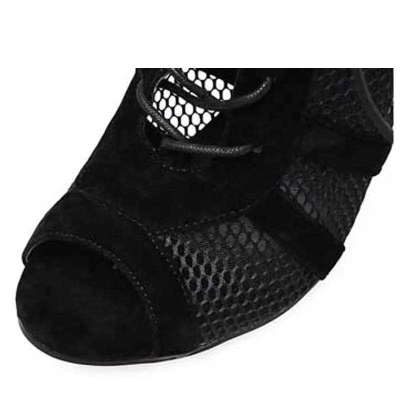 Black suede women's lace-up high heel shoes with an 11.5cm heel on a white background.