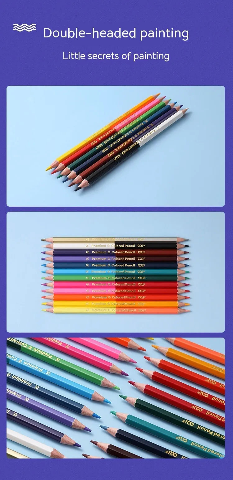Wooden colour pencil set showing pencil detail and colour range options