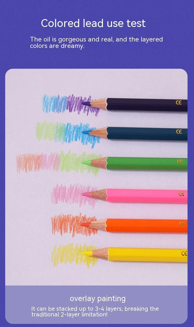 Wooden colour pencil set showing pencil detail and colour range options