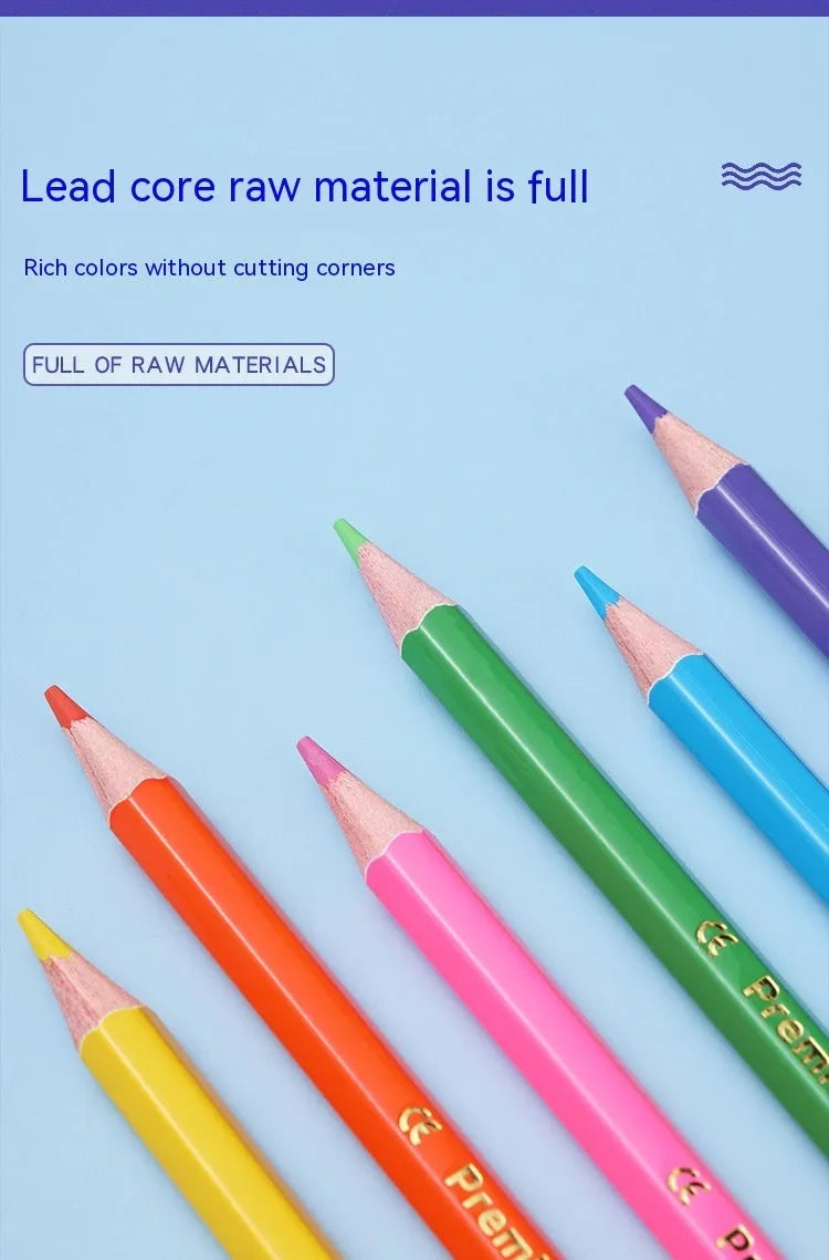 Wooden colour pencil set showing pencil detail and colour range options
