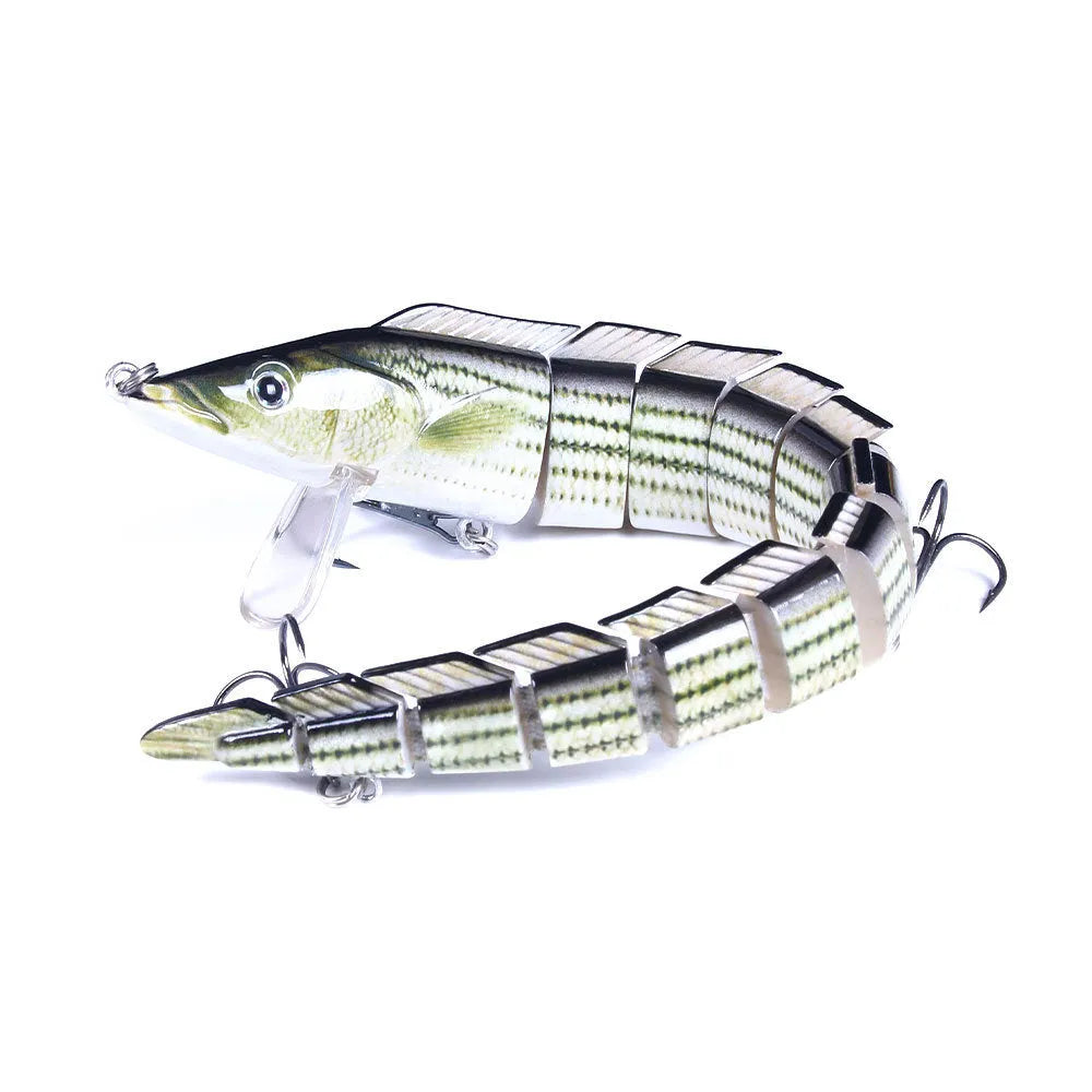 A multi-section simulated loach fishing lure measuring 23cm, shown with a weedless hook.