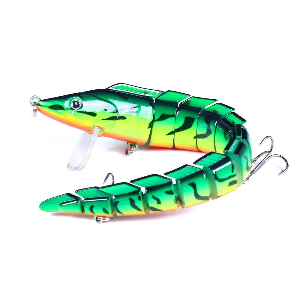 A multi-section simulated loach fishing lure measuring 23cm, shown with a weedless hook.
