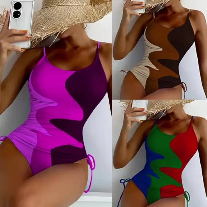 Women's sleeveless backless one-piece swimsuit in blue, purple, brown, or green colours
