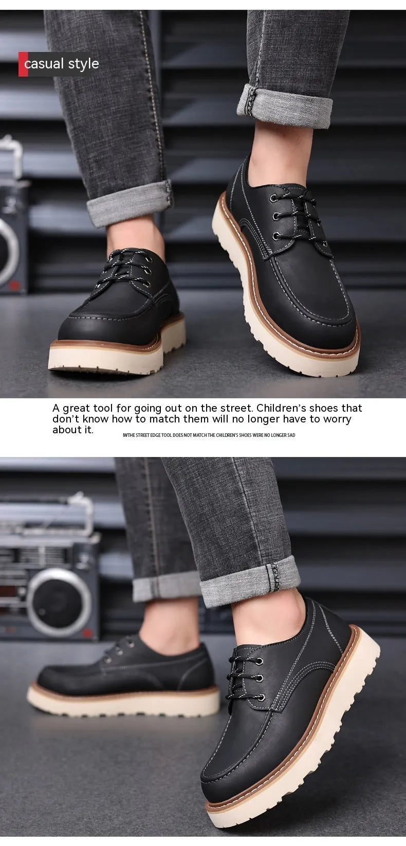 Men's black low-top casual boots with round toe and rubber sole