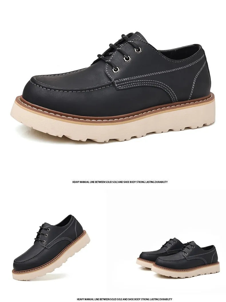 Men's black low-top casual boots with round toe and rubber sole