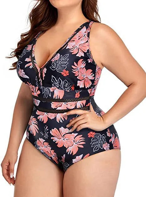 Women's plus size black print bikini swimsuit made from polyester mesh fabric.