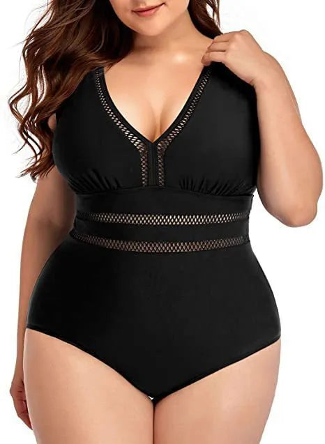 Women's plus size black print bikini swimsuit made from polyester mesh fabric.