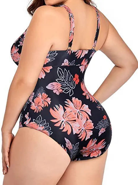 Women's plus size black print bikini swimsuit made from polyester mesh fabric.