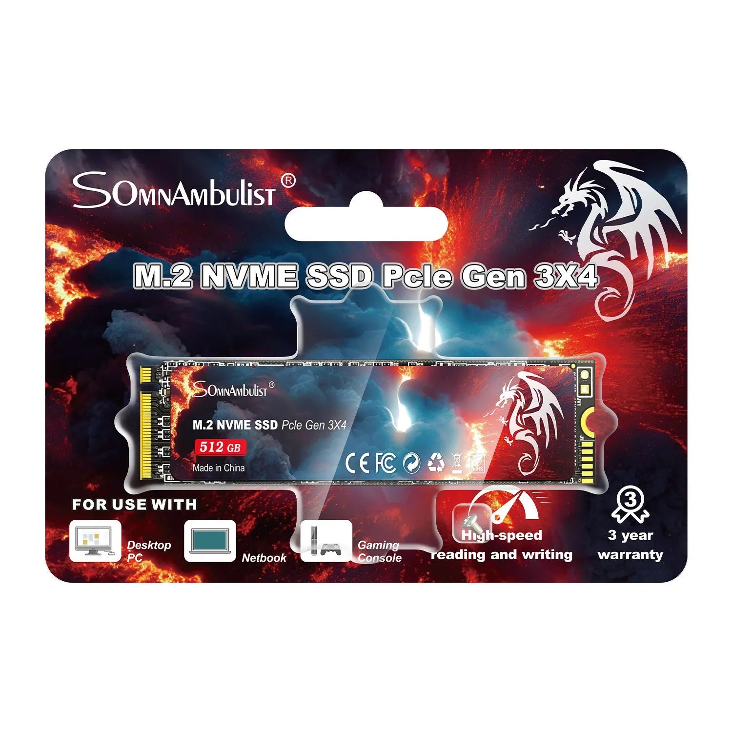 M2 solid state drive for desktop and notebook computers, showing label with capacity options and PCIe 3.0 interface.