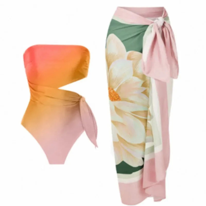 Women's retro print one-piece swimsuit in polyester fabric with quick-drying properties