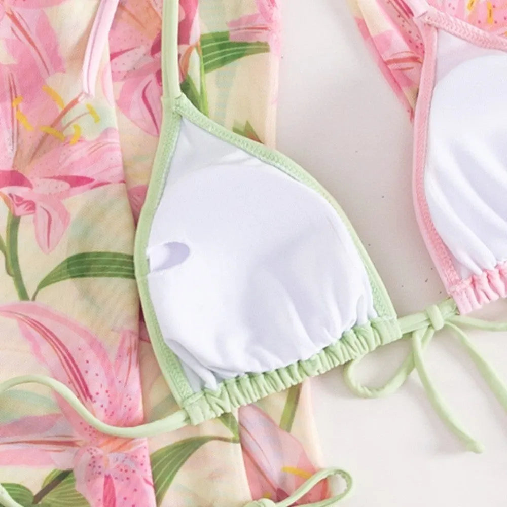 Women's printed bikini swimsuit top and bottom on a white background.
