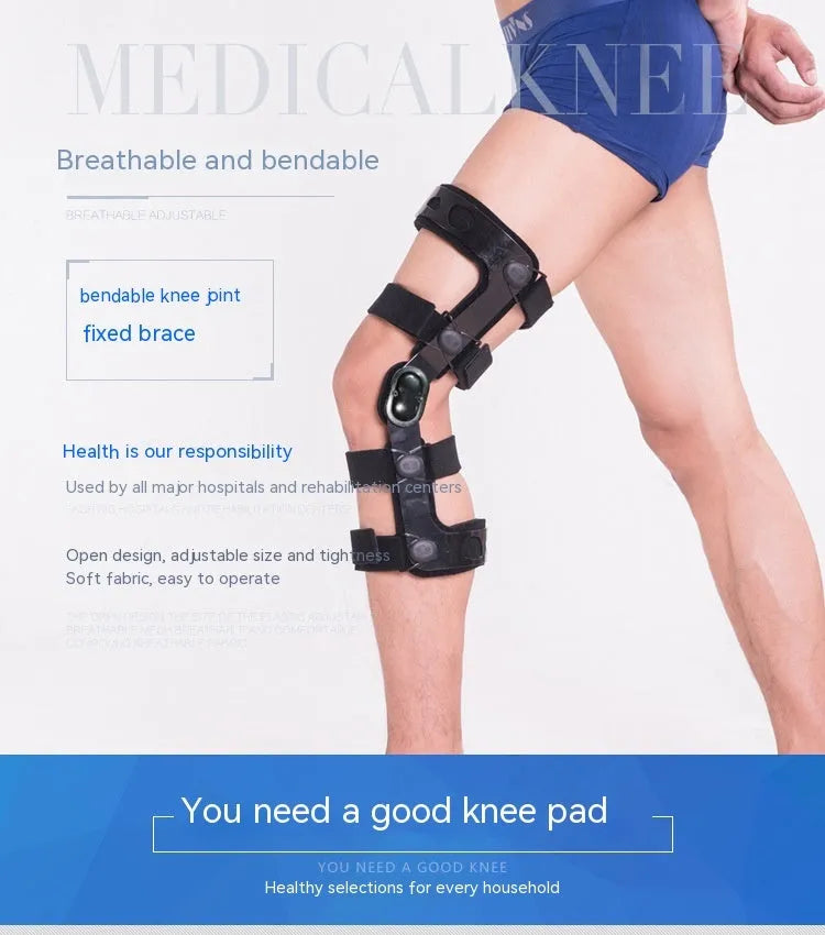 Black anterior ligament knee pad with iron-plastic skeleton construction shown in multiple sizes