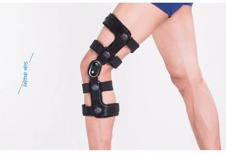 Black anterior ligament knee pad with iron-plastic skeleton construction shown in multiple sizes