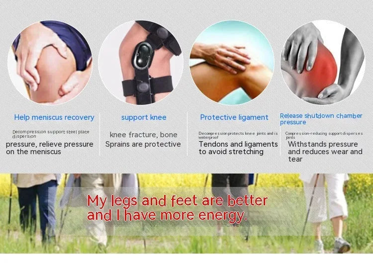 Black anterior ligament knee pad with iron-plastic skeleton construction shown in multiple sizes
