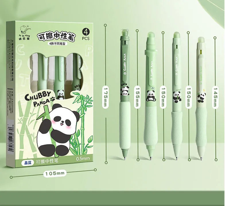 Cartoon-themed erasable gel pen with 0.5mm tip showing character designs and black or blue ink options