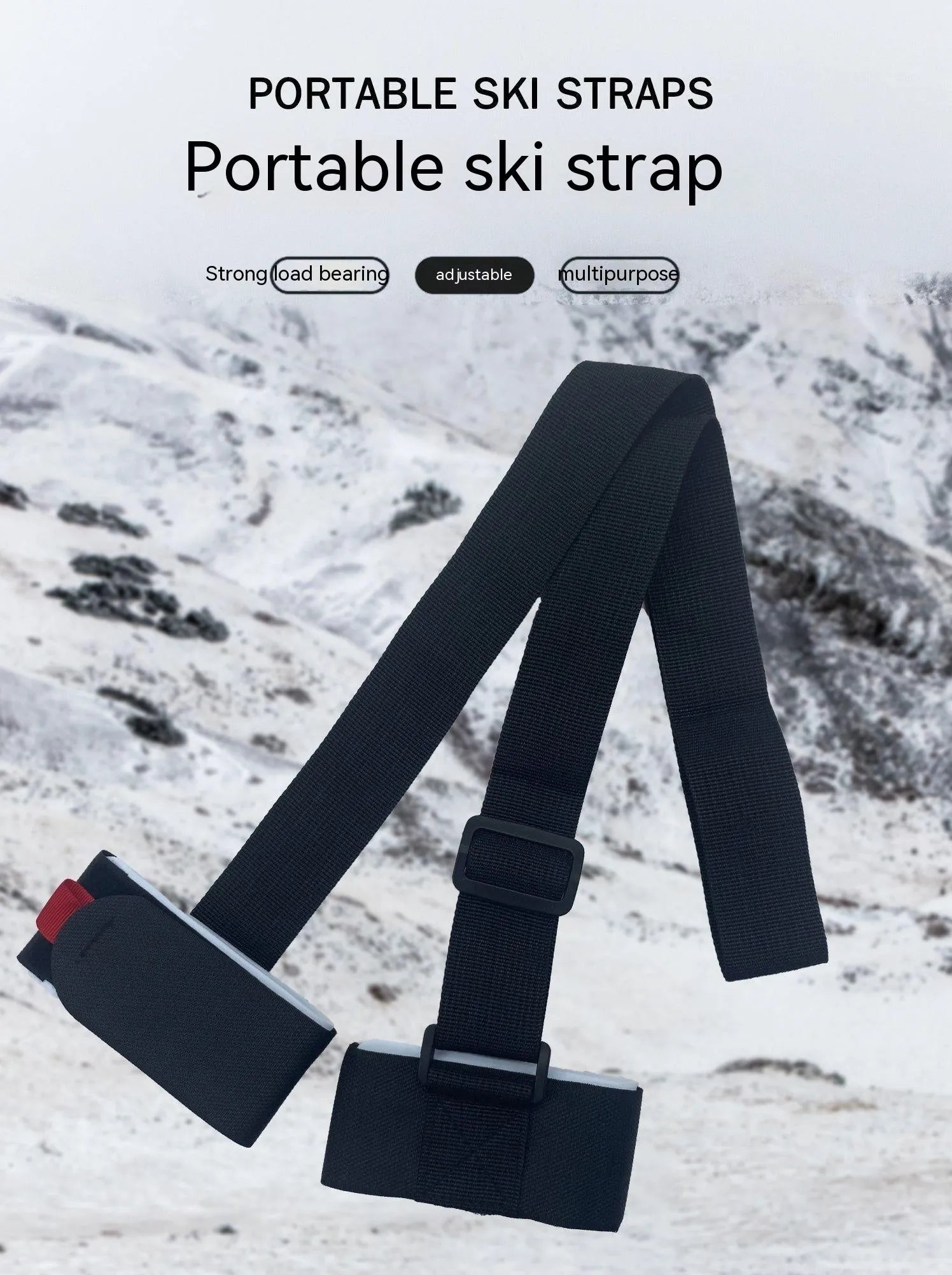 Adjustable hook and loop shoulder strap for skiing bandage and equipment transport in four colour options
