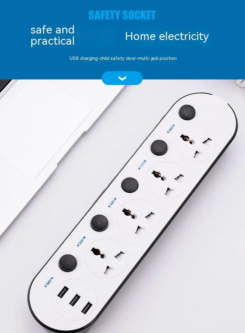 International power strip with multiple socket types and USB ports in 2035u colour