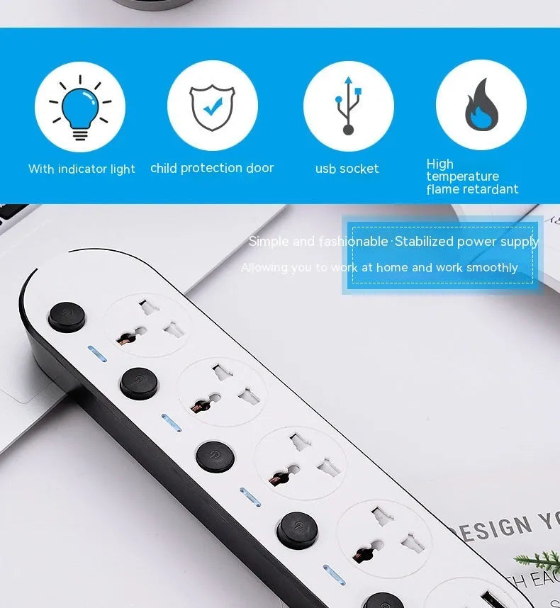 International power strip with multiple socket types and USB ports in 2035u colour