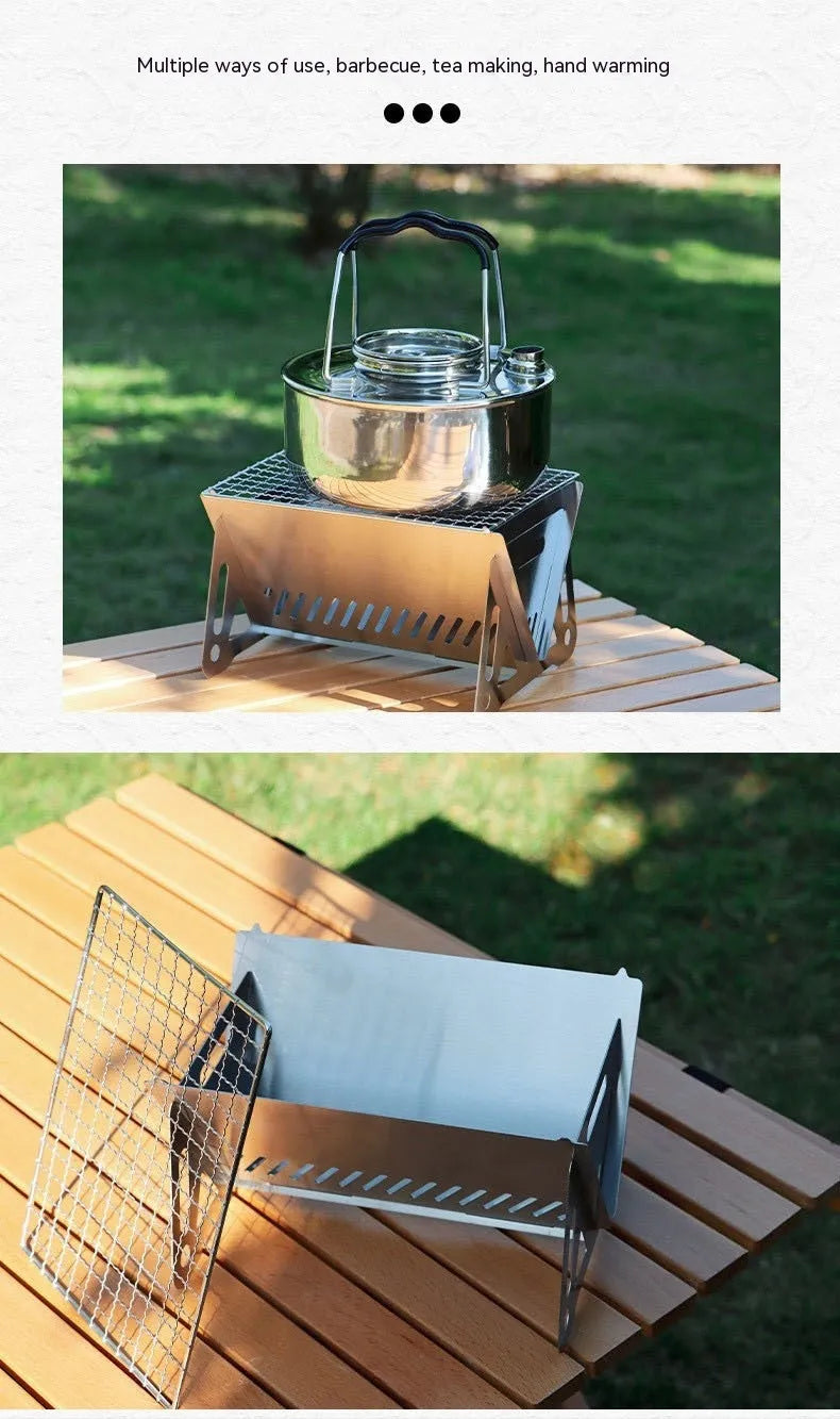 Stainless steel folding barbecue grill with large cooking surface and storage bag