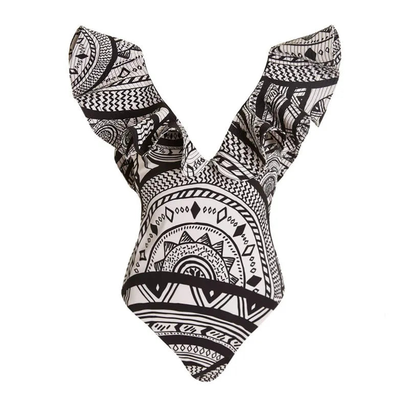 Women's vintage print one-piece swimsuit with deep V-neck, ruffles, and matching wrap skirt
