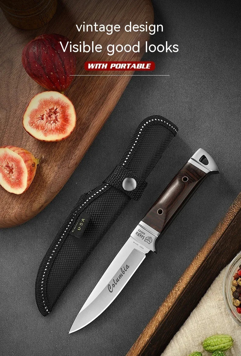 Camping knife with leather sheath case showing stainless steel blade and national style design.