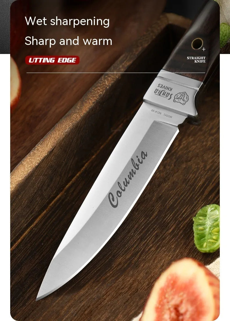 Camping knife with leather sheath case showing stainless steel blade and national style design.