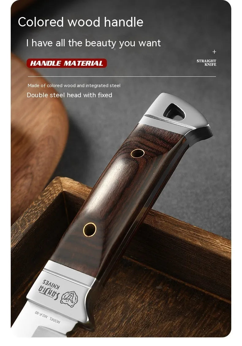 Camping knife with leather sheath case showing stainless steel blade and national style design.