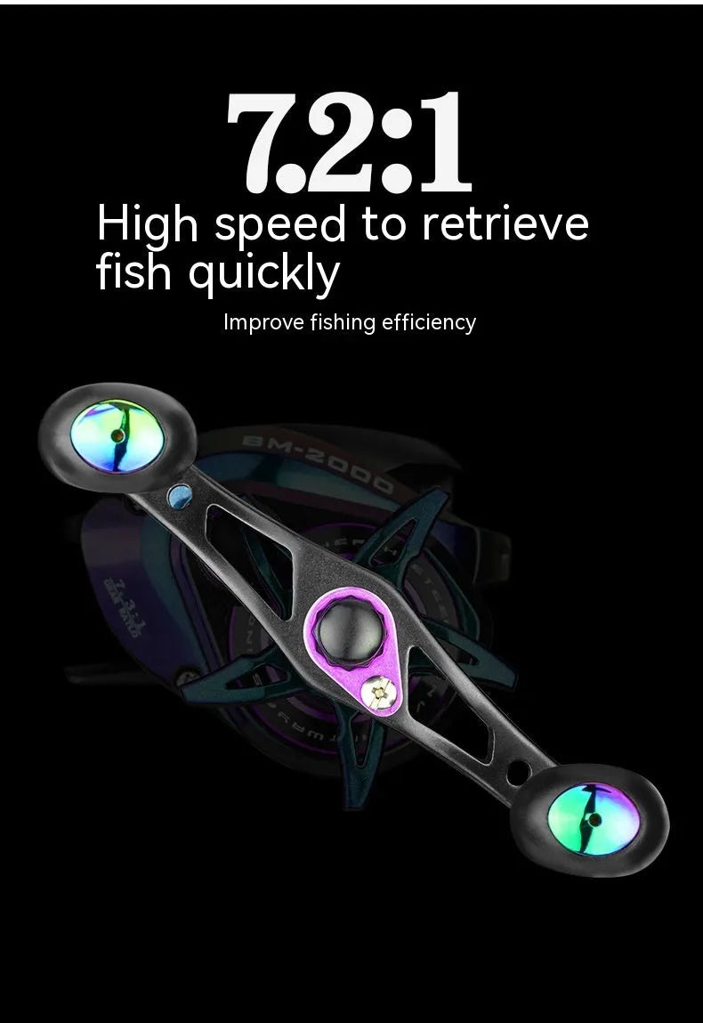 BM2000 fishing reel with magnetic brake system, shown in left-hand and right-hand retrieve options.