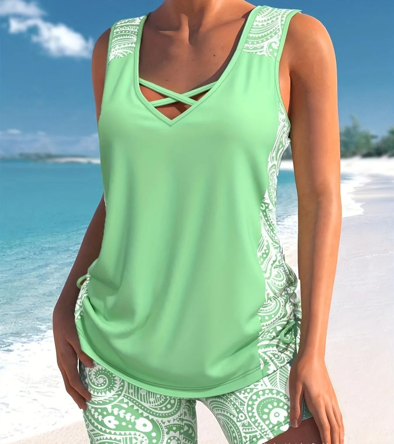 Women's printed split boxer swimsuit with top and shorts in polyester fabric