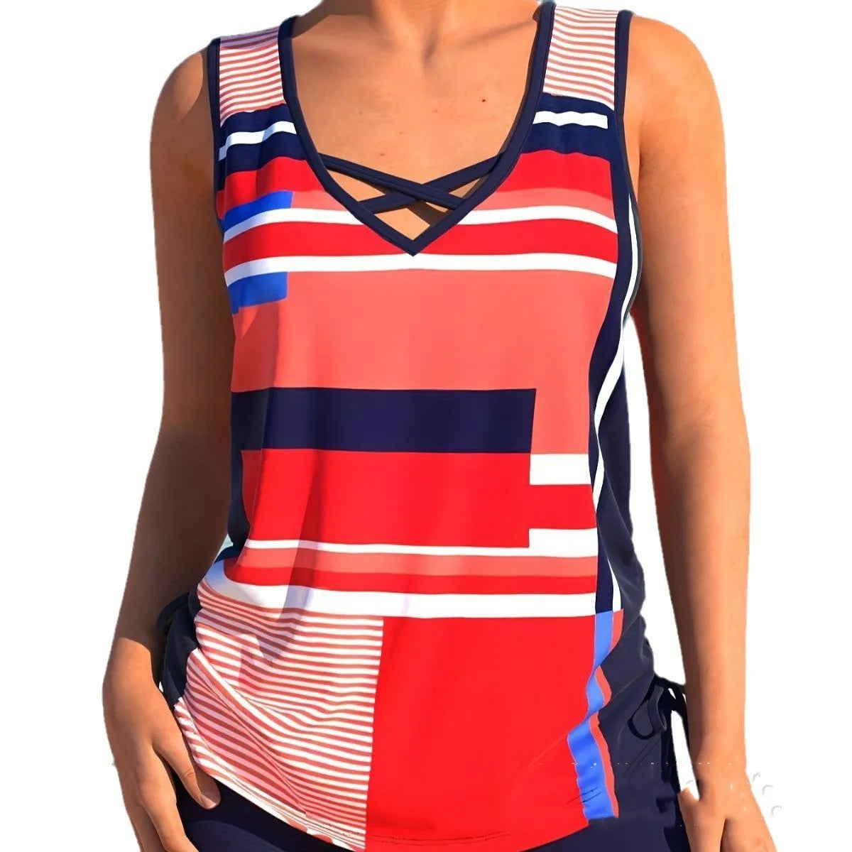 Women's printed split boxer swimsuit with top and shorts in polyester fabric