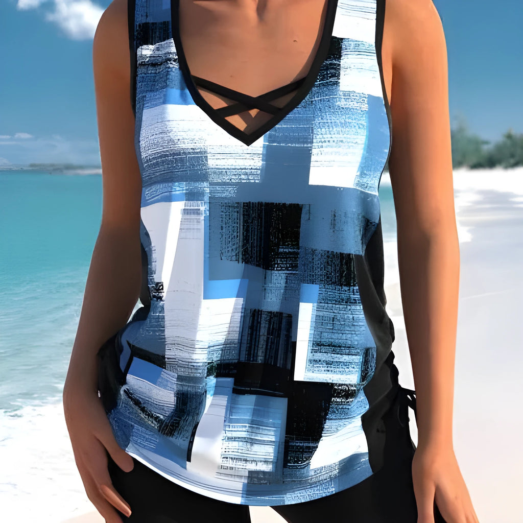 Women's printed split boxer swimsuit with top and shorts in polyester fabric