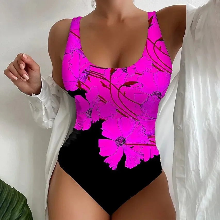 Women's 3D printed one-piece swimsuit in Lycra fabric, shown in orange red, sky blue, and purple colours.