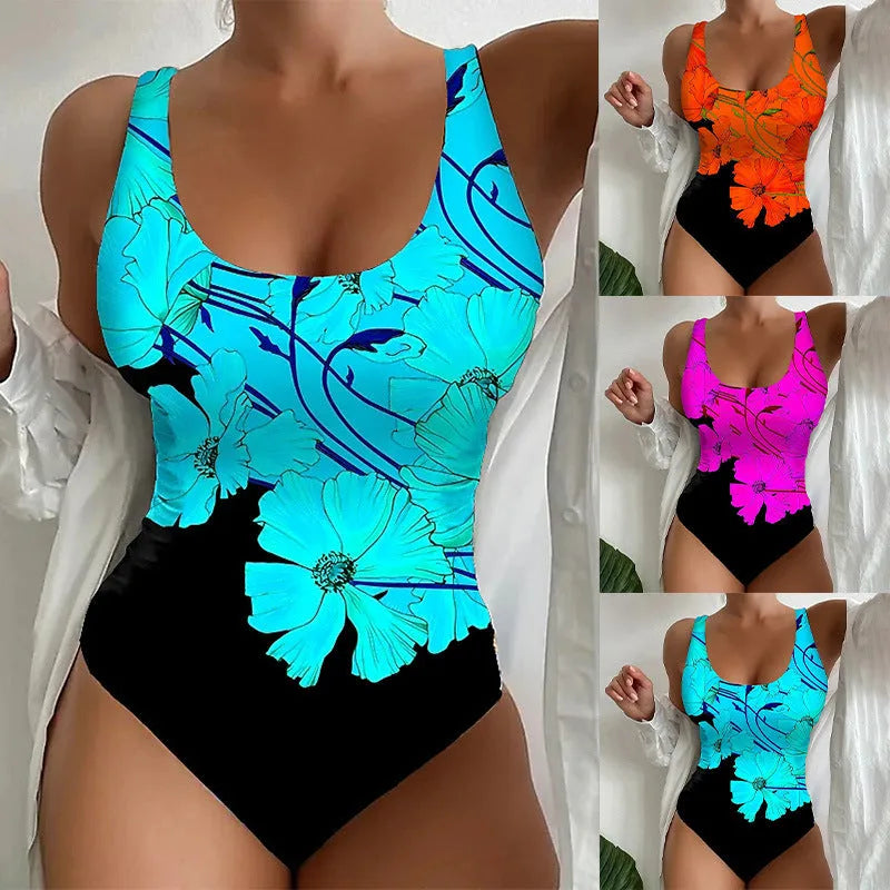 Women's 3D printed one-piece swimsuit in Lycra fabric, shown in orange red, sky blue, and purple colours.