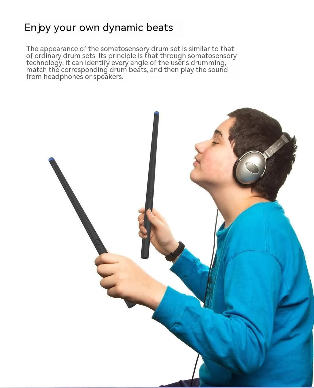 Black wireless somatosensory air drum kit host unit with two drumsticks on a stand.
