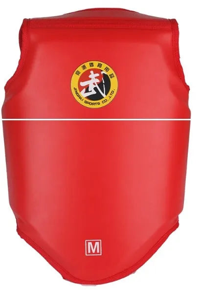 Red boxing helmet and chest protector training set on white background