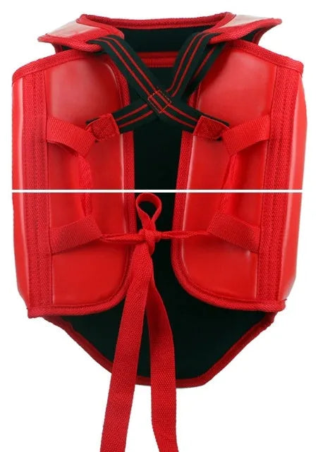 Red boxing helmet and chest protector training set on white background