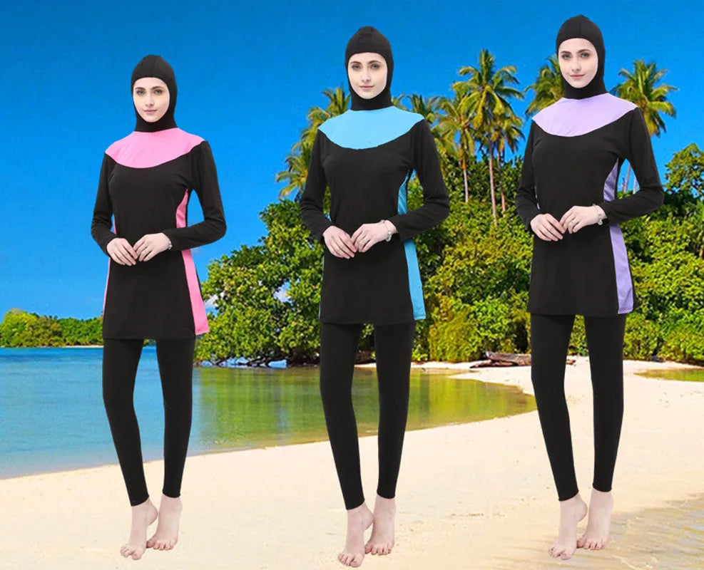 Black women's hooded swimsuit with long sleeves, shown in a conservative full-coverage design for swimming.