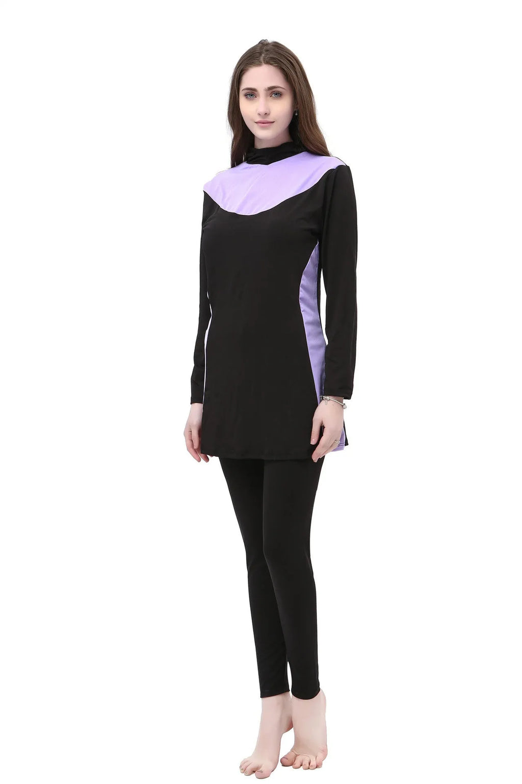 Black women's hooded swimsuit with long sleeves, shown in a conservative full-coverage design for swimming.