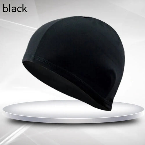 Black polyester cloth swim cap for adult unisex swimming and training