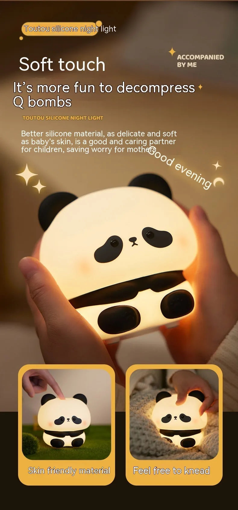 Panda LED night light with soft silicone head, USB rechargeable, touch control, colourful lights, on a bedside table