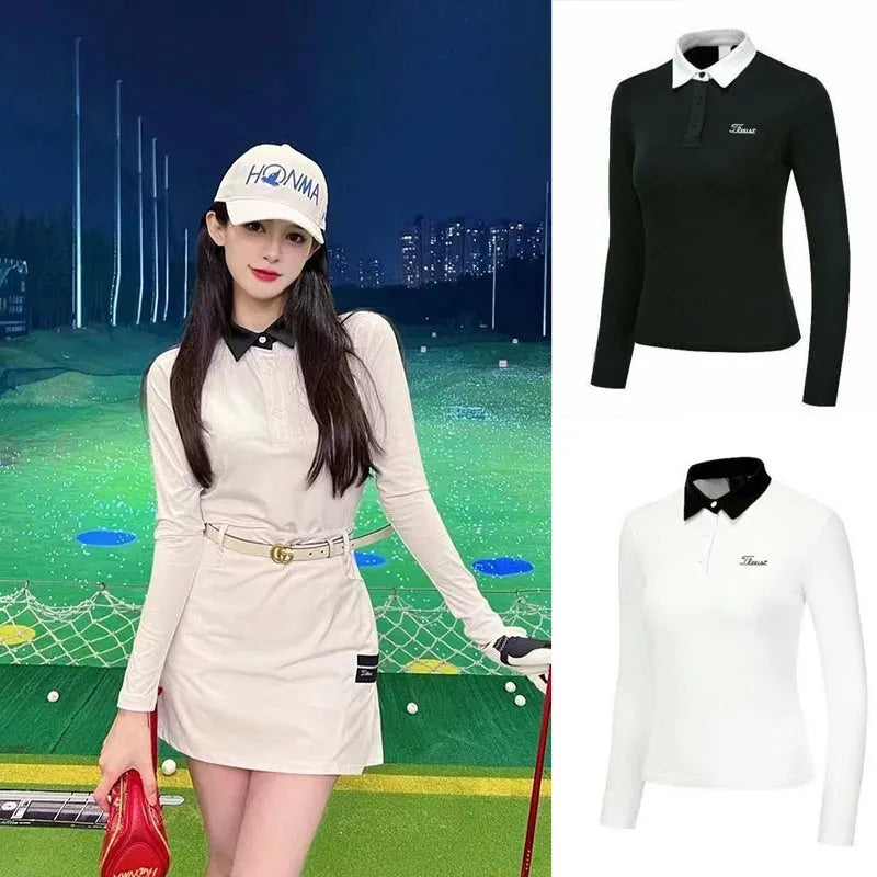 Women's white long sleeve golf top with slim fit and breathable polyester fabric