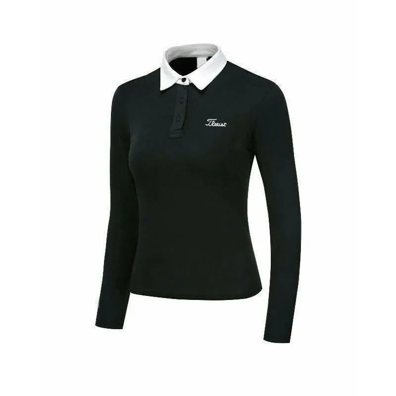 Women's white long sleeve golf top with slim fit and breathable polyester fabric