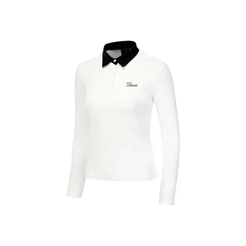 Women's white long sleeve golf top with slim fit and breathable polyester fabric