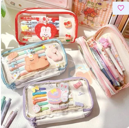 Japanese transparent heart-shaped pen bag with rabbit pattern in TPU material