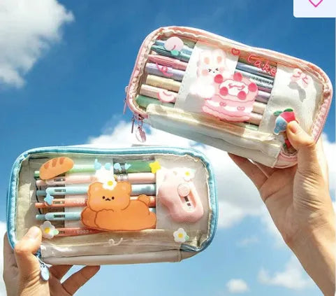 Japanese transparent heart-shaped pen bag with rabbit pattern in TPU material