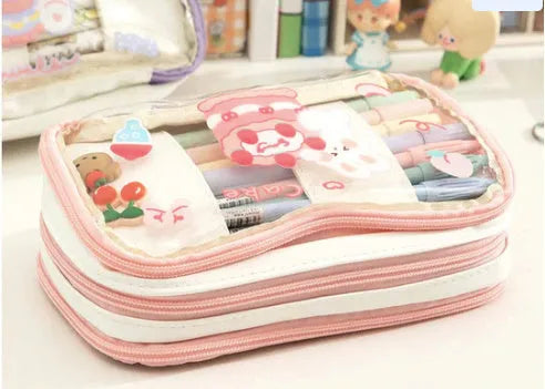 Japanese transparent heart-shaped pen bag with rabbit pattern in TPU material